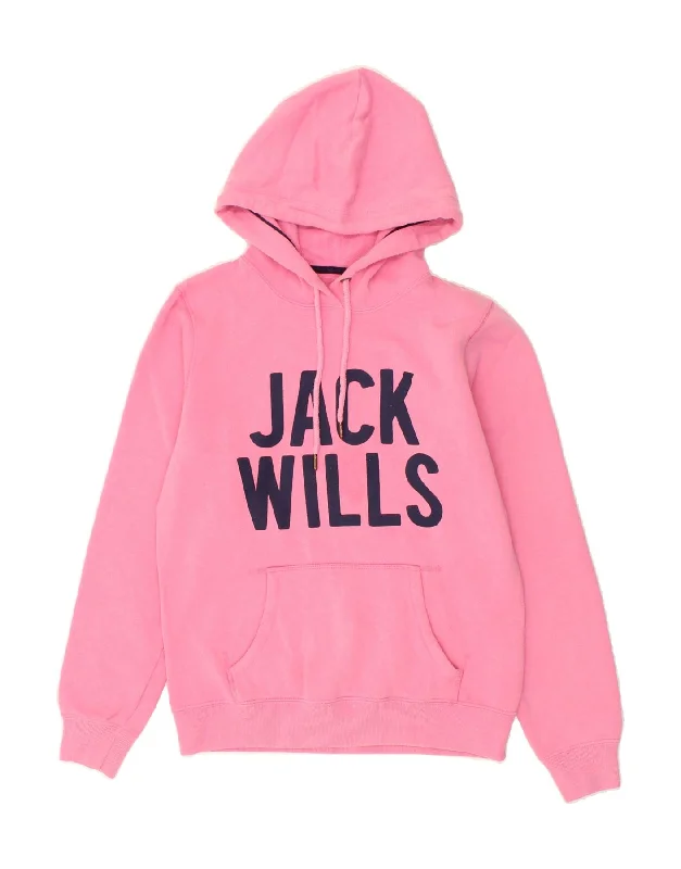 JACK WILLS Womens Graphic Hoodie Jumper UK 12 Medium Pink Cotton Hoodie with Stripes Bold Sporty