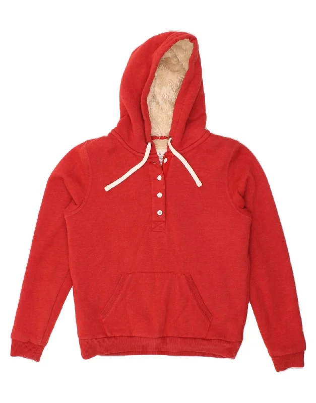 JACK WILLS Womens Graphic Hoodie Jumper UK 12 Medium  Red Cotton Hoodie with Set-In Sleeves Structured Classic