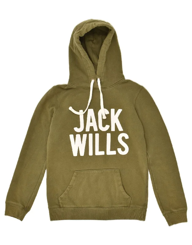 JACK WILLS Womens Graphic Hoodie Jumper UK 6 XS  Green Cotton Hoodie with Oversized Fit Loose Comfortable