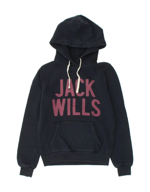 JACK WILLS Womens Graphic Hoodie Jumper UK 6 XS Navy Blue Cotton Hoodie with Ribbed Cuffs Snug Fit Comfort