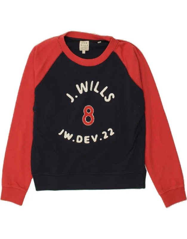 JACK WILLS Womens Graphic Sweatshirt Jumper UK 10 Small Navy Blue Hoodie with Set-In Sleeves Structured Classic