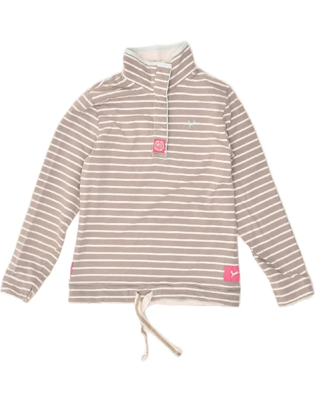 JOULES Womens Button Neck Sweatshirt Jumper UK 12 Medium  Grey Striped Hoodie with Camouflage Military Edgy