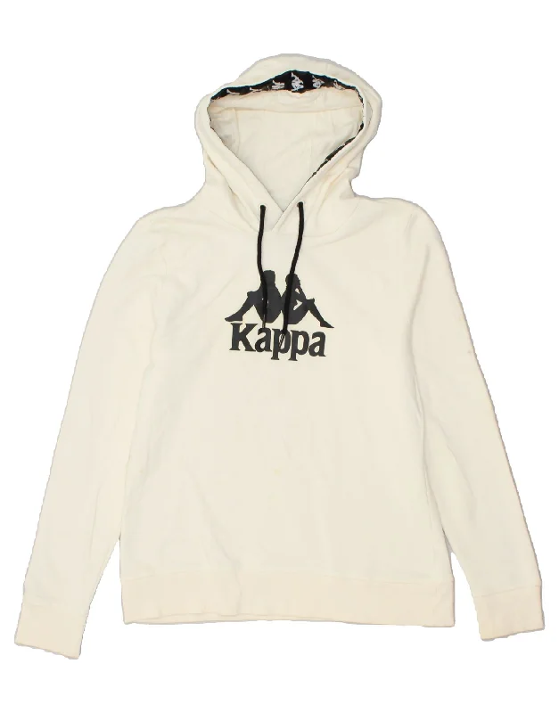 KAPPA Womens Graphic Hoodie Jumper UK 14 Large Off White Cotton Hoodie with Hem Embroidery Detailed Premium