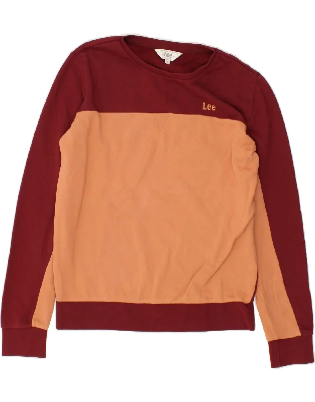 LEE Womens Regular Fit Sweatshirt Jumper UK 10 Small Burgundy Colourblock Hoodie with Hem Applique Textured Unique