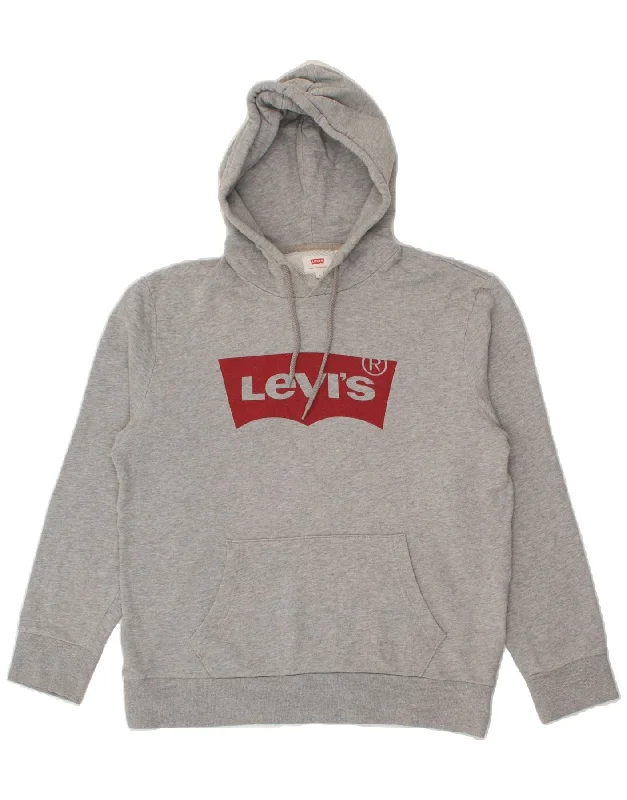 LEVI'S Womens Graphic Hoodie Jumper UK 14 Medium Grey Cotton Hoodie with Color Block Contrast Stylish