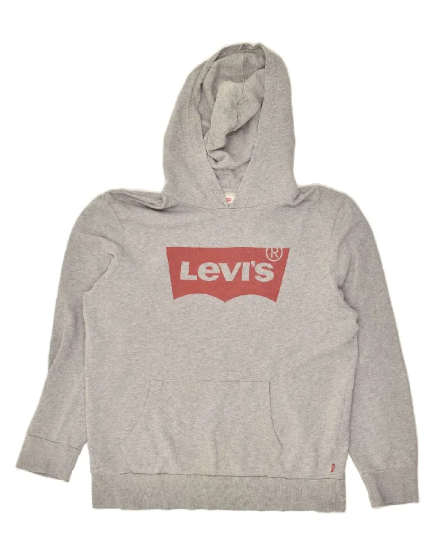 LEVI'S Womens Graphic Hoodie Jumper UK 16 Large Grey Cotton Hoodie with Camouflage Military Edgy