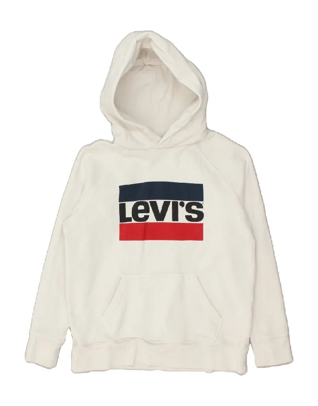 LEVI'S Womens Graphic Hoodie Jumper UK 6 XS White Cotton Hoodie with Hem Applique Textured Unique