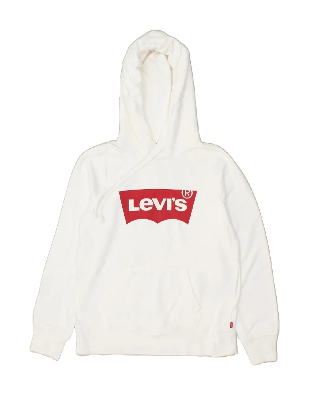 LEVI'S Womens Graphic Hoodie Jumper UK 6 XS White Cotton Hoodie with Hem Applique Textured Unique