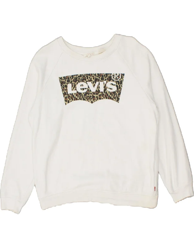 LEVI'S Womens Graphic Sweatshirt Jumper UK 10 Small White Cotton Hoodie with Hem Lace Feminine Delicate