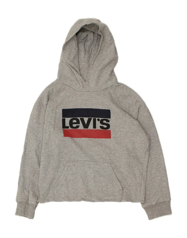 LEVI'S Womens Loose Fit Graphic Hoodie Jumper UK 16 Large Grey Hoodie with Hem Applique Textured Unique