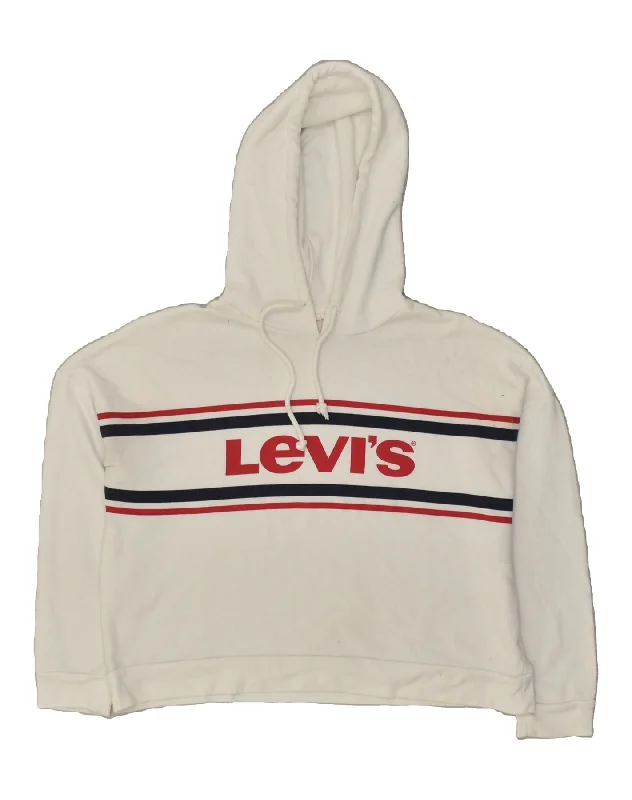 LEVI'S Womens Oversized Crop Graphic Hoodie Jumper UK 6 XS White Hoodie with Neon Bright Vibrant