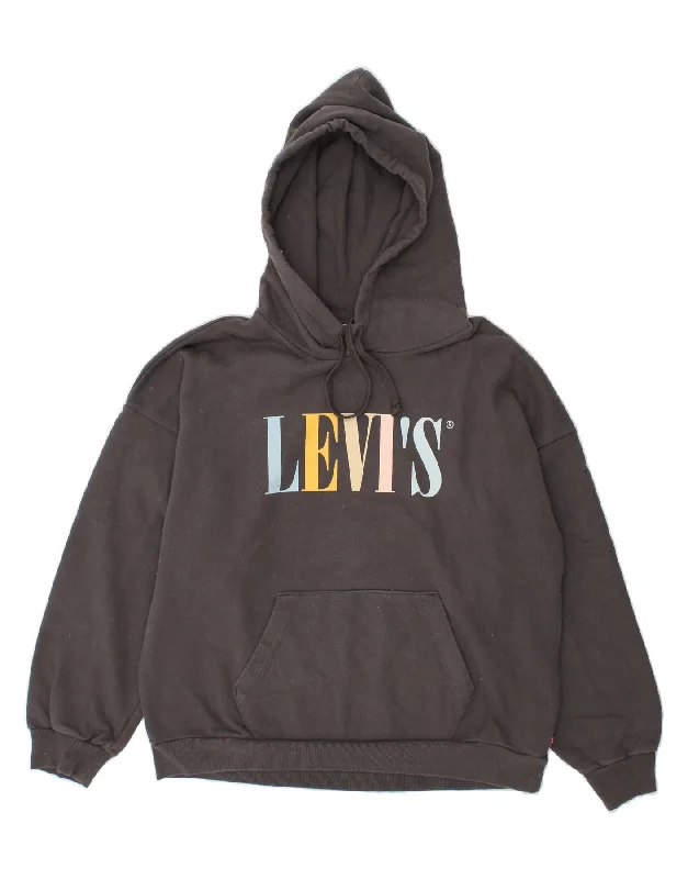 LEVI'S Womens Oversized Graphic Hoodie Jumper UK 14 Medium Grey Cotton Hoodie with Hem Embroidery Detailed Premium