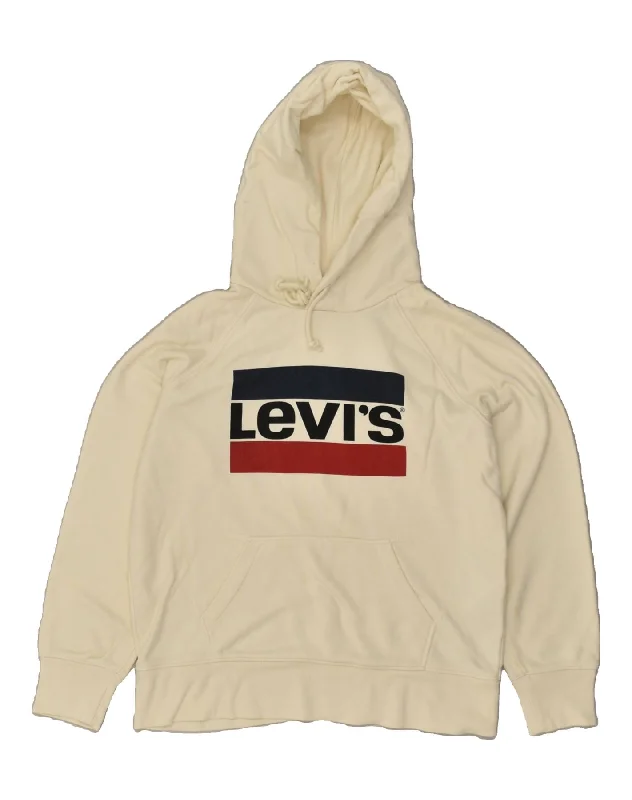 LEVI'S Womens Oversized Graphic Hoodie Jumper UK 6 XS Off White Cotton Hoodie with Stripes Bold Sporty