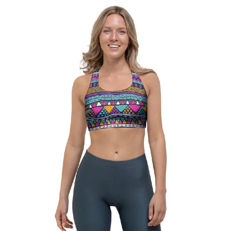 Multicolor Indian Aztec Geometric Art Sports Bra Sporty Wireless Bra