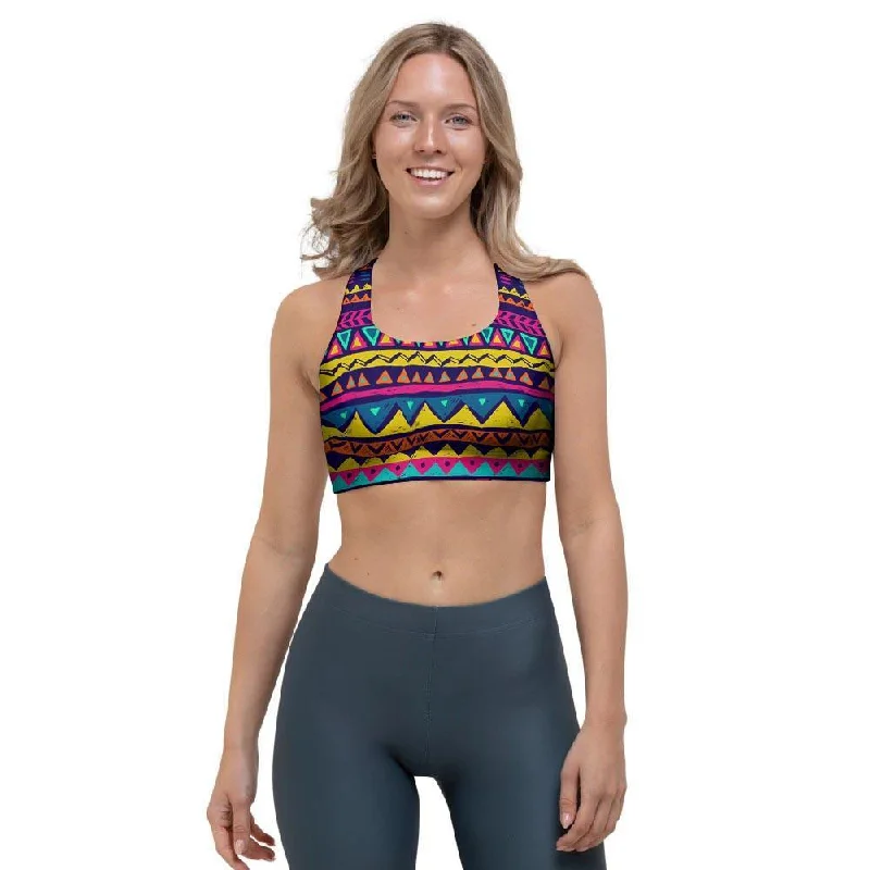 Multicolor Native Aztec Abstract Geometric Sports Bra Lace-Trimmed Bra