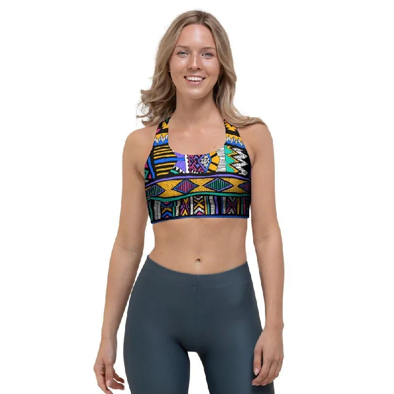 Multicolor Native Aztec Doodle Element Sports Bra Sporty Wireless Bra