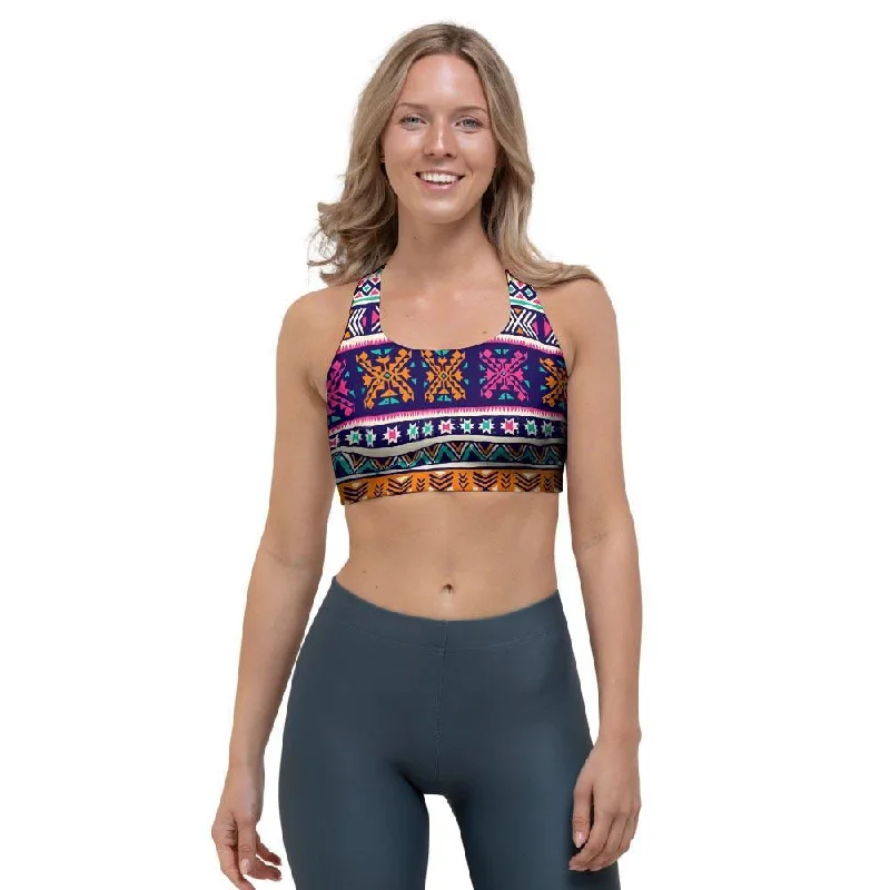 Multicolor Native Aztec Geometric Hipster Sports Bra Seamless Fit Bra