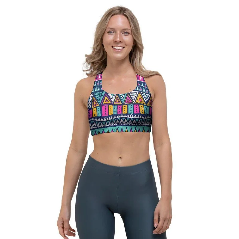 Multicolor Native Aztec Trippy Striped Sports Bra Lightly Padded Bra