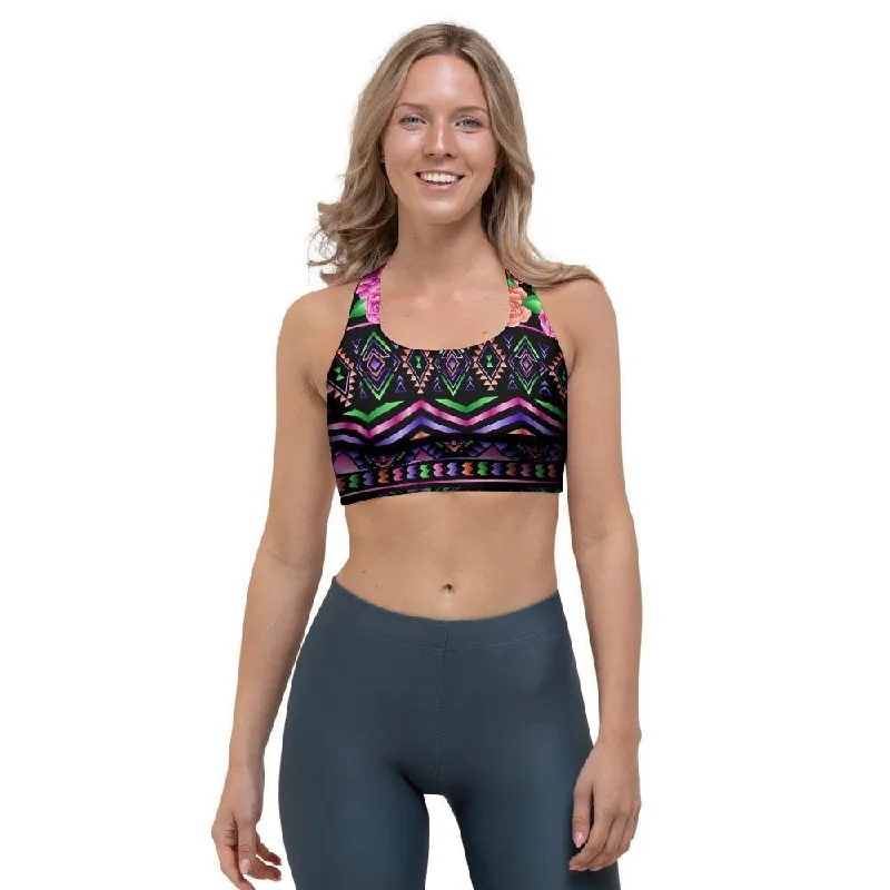 Multicolor Roses Ethnic Tribal Aztec Sports Bra Sporty Compression Bra