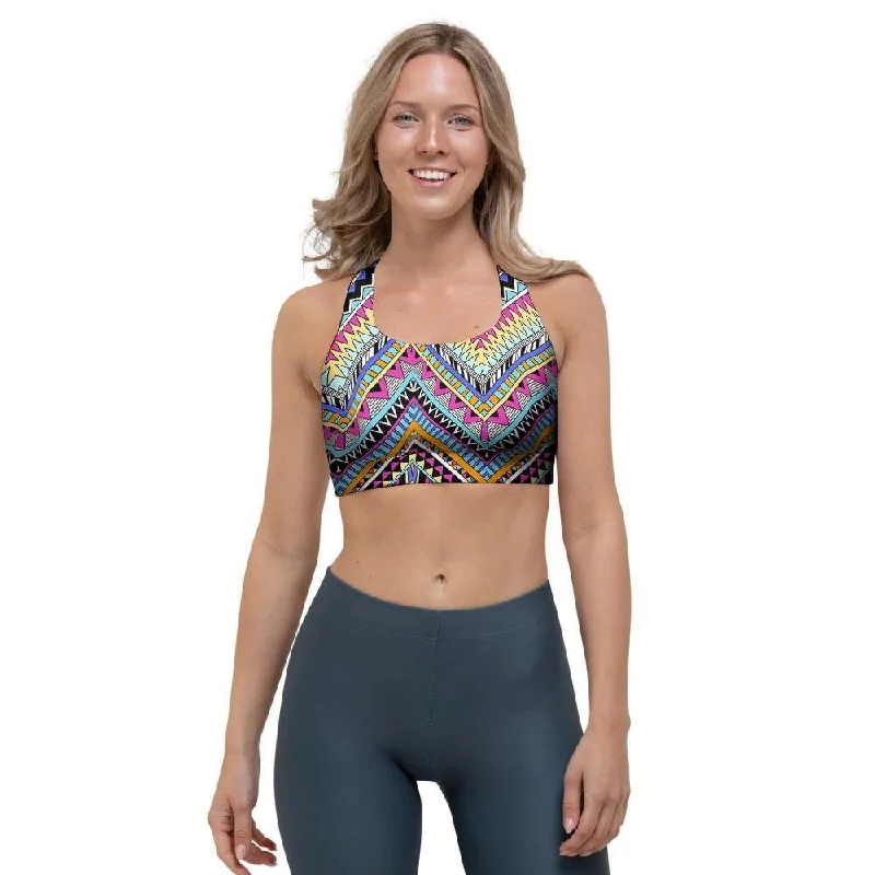 Multicolor Zigzag Indian Aztec Sports Bra Soft Stretch Bra