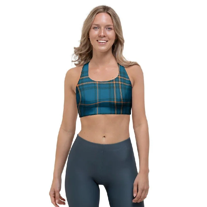 Navy Blue Plaid Tartan Sports Bra Breathable Comfort Bra