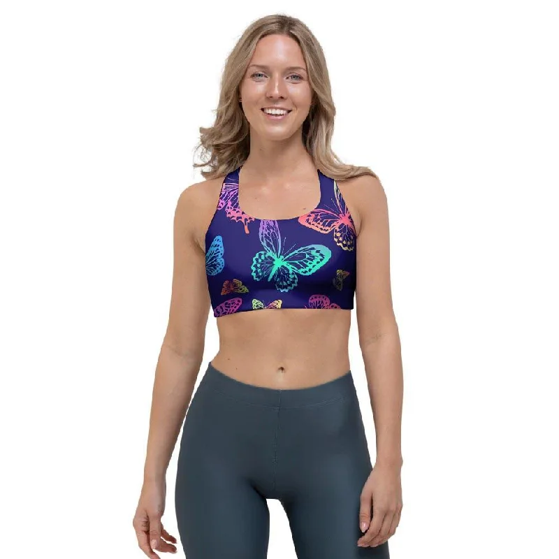 Neon Butterfly Print Sports Bra Active Support Bra