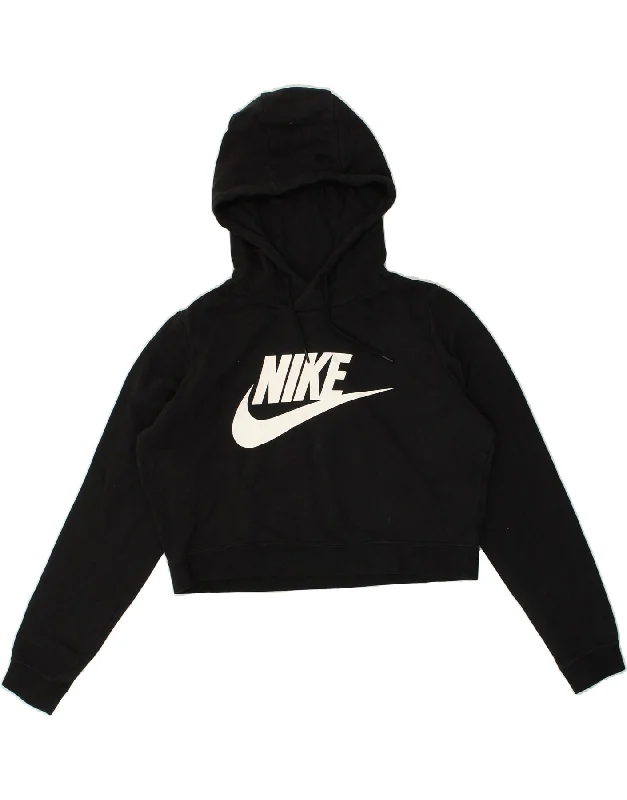 NIKE Womens Graphic Crop Hoodie Jumper UK 14 Medium Black Cotton Hoodie with Hem Raw Edge Edgy Unfinished