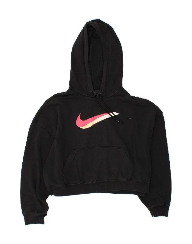 NIKE Womens Graphic Crop Hoodie Jumper UK 6 XS Black Cotton Hoodie with Emblem Brand Identity