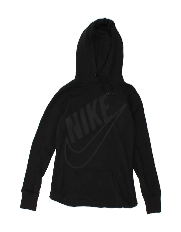 NIKE Womens Graphic Hoodie Jumper UK 10 Small Black Cotton Hoodie with Tied Waist Feminine Flattering