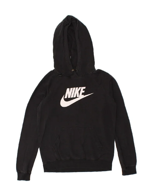 NIKE Womens Graphic Hoodie Jumper UK 10 Small Black Cotton Hoodie with Mesh Breathable Sporty