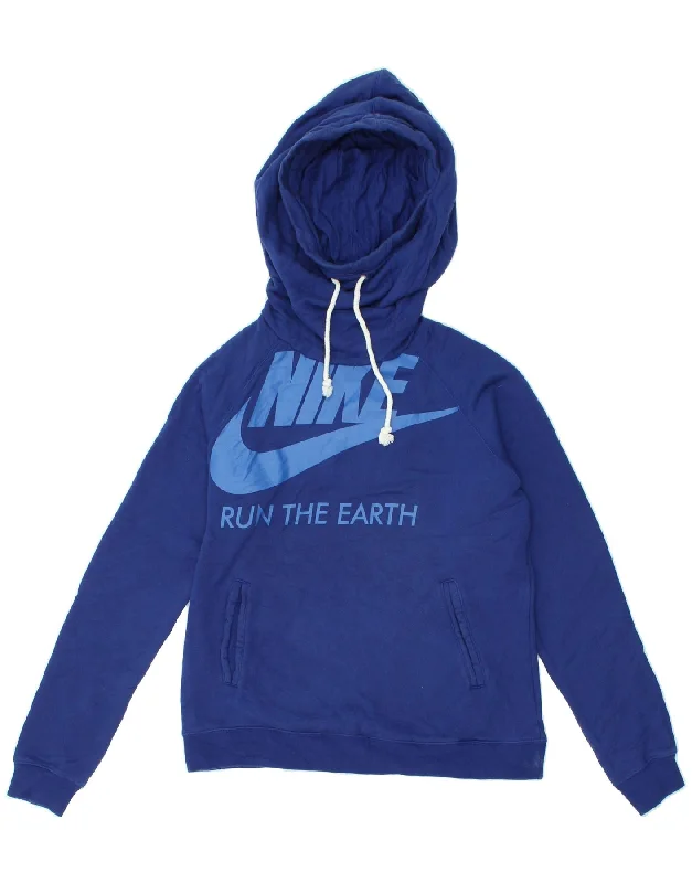 NIKE Womens Graphic Hoodie Jumper UK 14 Large Blue Hoodie with Print Artistic Unique