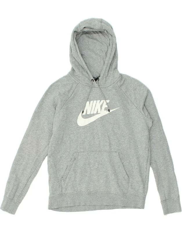 NIKE Womens Graphic Hoodie Jumper UK 14 Medium Grey Flecked Cotton Hoodie with Zipper Placket Modern Functional