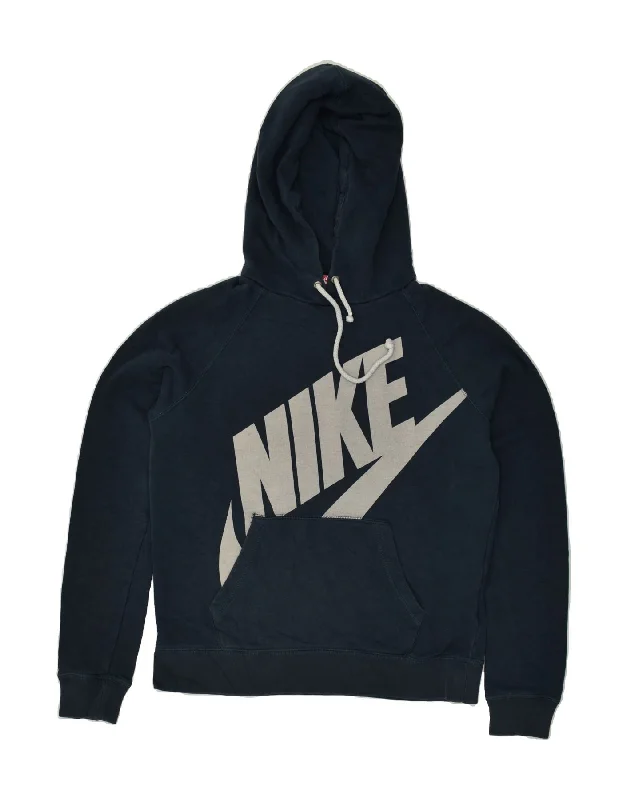 NIKE Womens Graphic Hoodie Jumper UK 14 Medium Navy Blue Cotton Hoodie with Drawcord Adjustable Secure