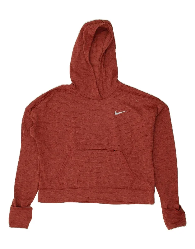 NIKE Womens Hoodie Jumper UK 10 Small Brown Pinstripe Polyester Hoodie with Hem Elastic Stretchable Comfortable