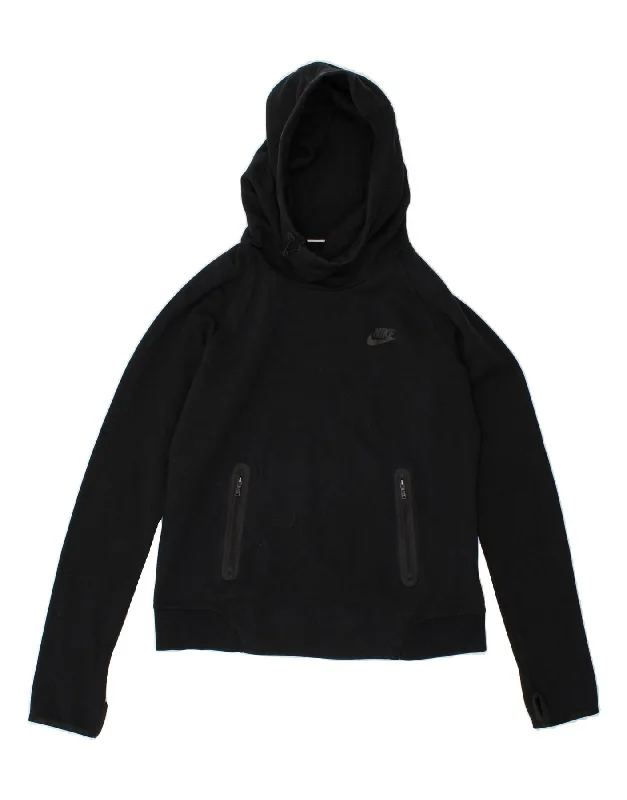 NIKE Womens Hoodie Jumper UK 14 Medium Black Cotton Hoodie with Toggle Buttons Decorative Unique