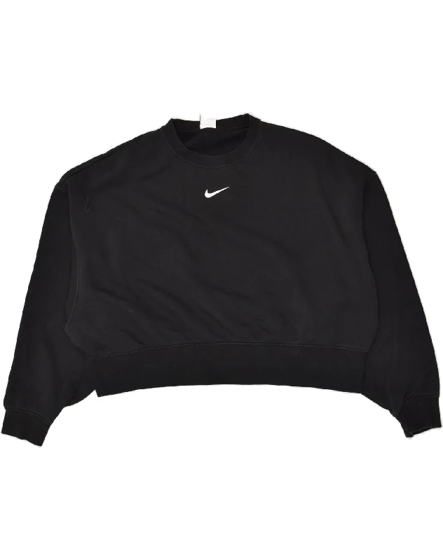 NIKE Womens Oversized Crop Sweatshirt Jumper UK 10 Small Black Hoodie with High-Low Hem Asymmetrical Trendy