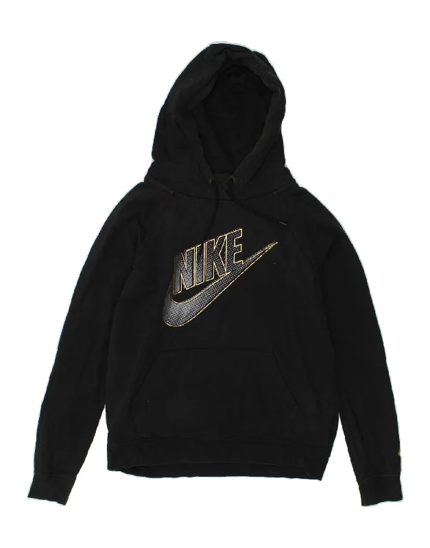 NIKE Womens Oversized Graphic Hoodie Jumper UK 10 Small Black Cotton Hoodie with Exposed Zipper Edgy Industrial