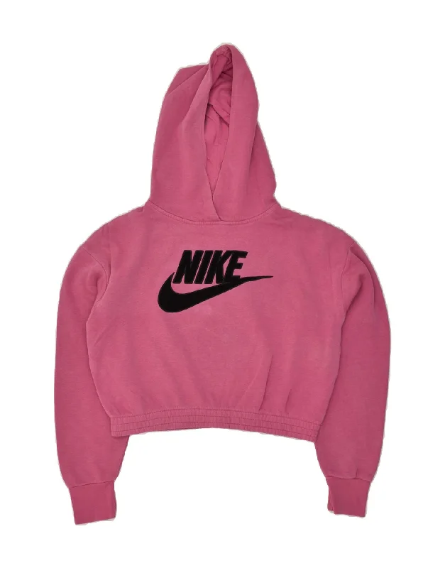 NIKE Womens Oversized Hooded Crop Hoodie Jumper UK 6 XS Pink Cotton Hoodie with Hem Raw Edge Edgy Unfinished