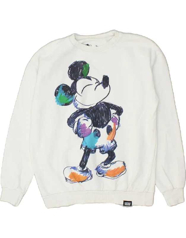 PULL & BEAR Womens Mickey Mouse Sweatshirt Jumper UK 10 Small White Cotton Hoodie with Elastic Cuffs Stretchable Comfortable