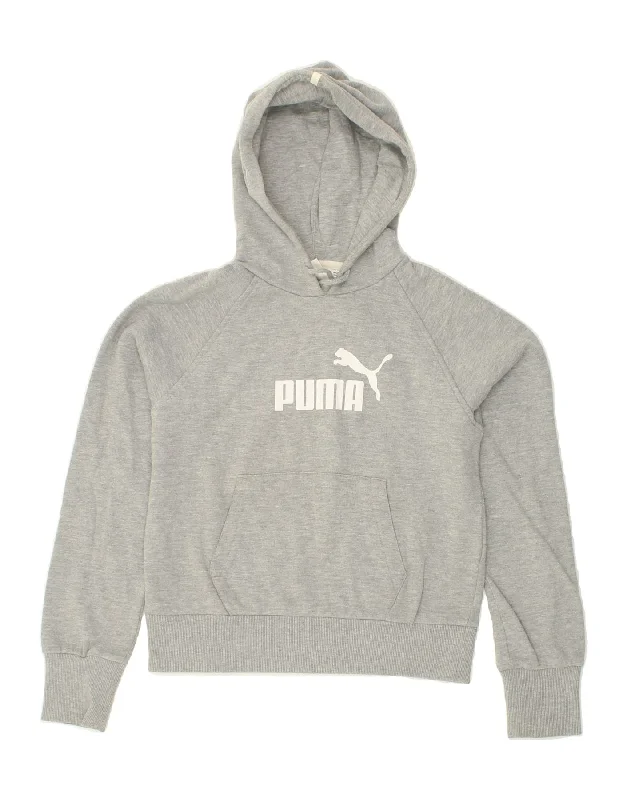 PUMA Womens Crop Graphic Hoodie Jumper UK 10 Small Grey Cotton Hoodie with Raglan Sleeves Sporty Comfortable