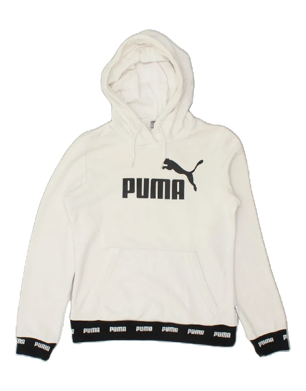 PUMA Womens Graphic Hoodie Jumper UK 6 XS White Colourblock Cotton Hoodie with Hem Frayed Vintage Worn