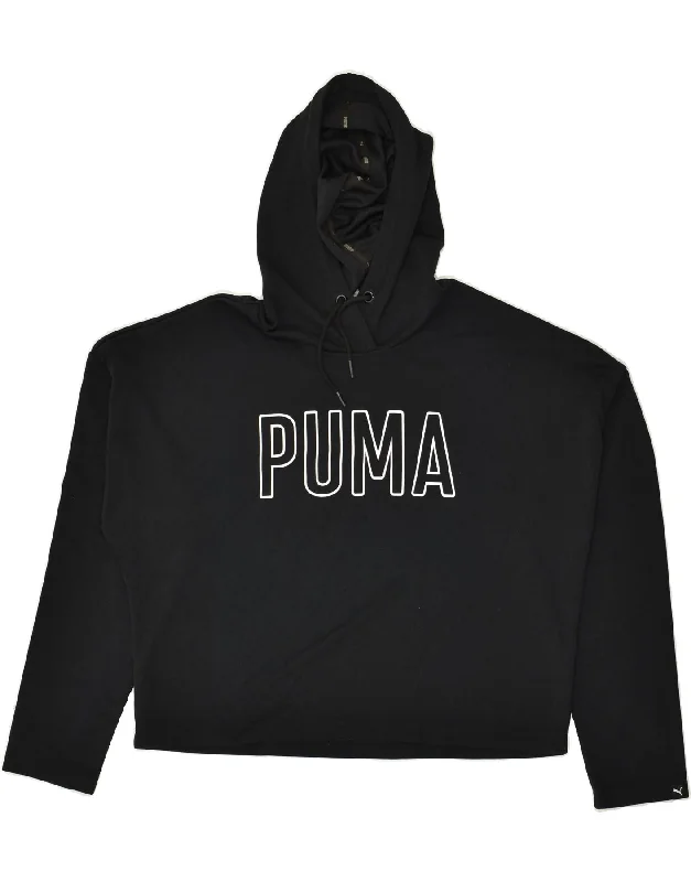 PUMA Womens Oversized Crop Graphic Hoodie Jumper UK 14 Large  Black Hoodie with Ribbed Hem Stretchable Secure