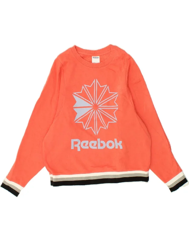 REEBOK Womens Classic Graphic Sweatshirt Jumper UK 12/14 Medium Orange Hoodie with Raw Hem Edgy Unfinished