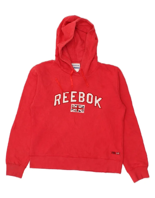 REEBOK Womens Graphic Hoodie Jumper UK 12 Medium Red Cotton Hoodie with Button Classic Timeless