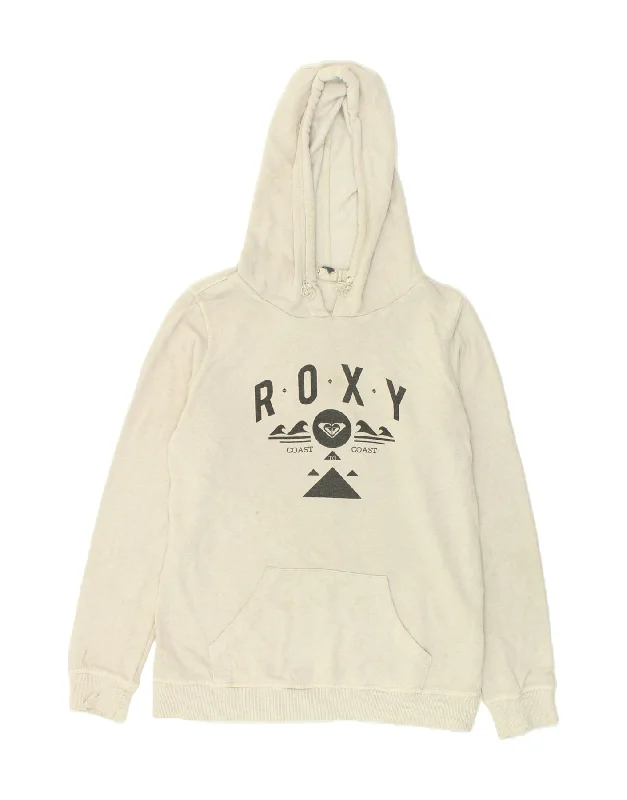 ROXY Womens Graphic Hoodie Jumper UK 10 Small Grey Cotton Zip Hoodie Drawstring Kangaroo Pocket