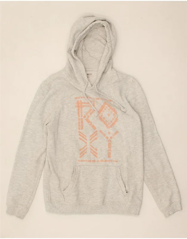 ROXY Womens Graphic Hoodie Jumper UK 14 Medium Grey Cotton Hoodie with Slit Hem Functional Movement