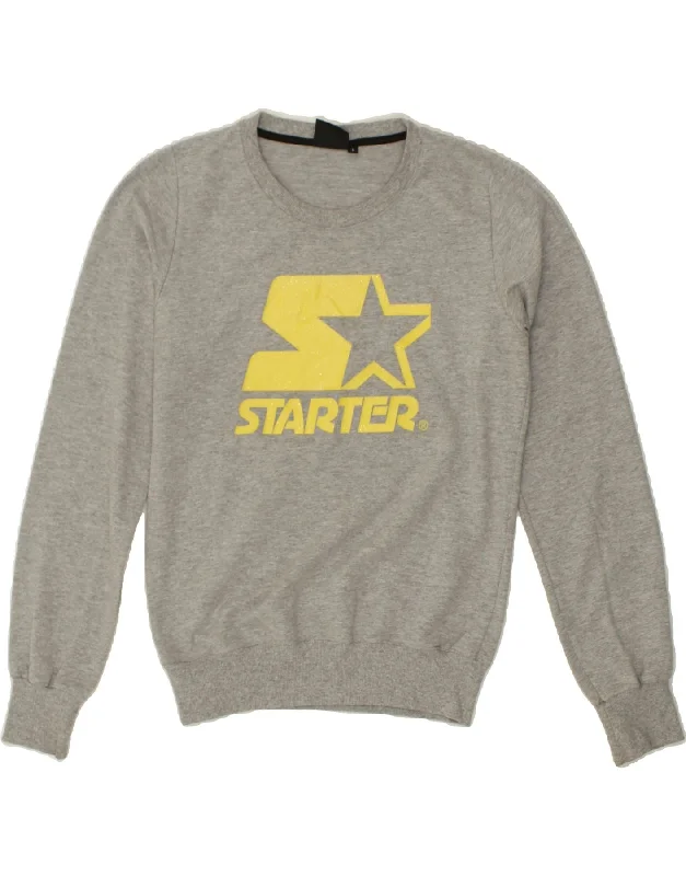 STARTER Womens Graphic Sweatshirt Jumper UK 14 Large Grey Flecked Cotton Hoodie with Crew Neck Simple Timeless