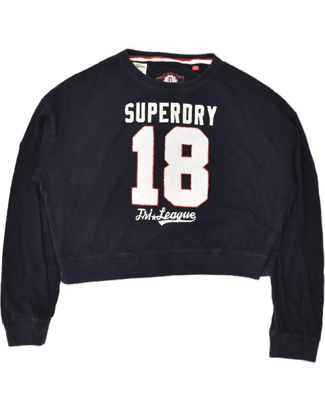 SUPERDRY Womens Crop Graphic Sweatshirt Jumper UK 16 Large Navy Blue Hoodie with Elastic Waist Stretchable Comfortable