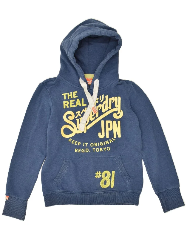 SUPERDRY Womens Graphic Hoodie Jumper UK 10 Small Blue Cotton Hoodie with Cropped Fit Short Trendy