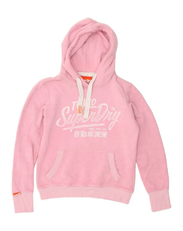 SUPERDRY Womens Graphic Hoodie Jumper UK 10 Small Pink Cotton Hoodie with Strings Custom Fit Adjustable